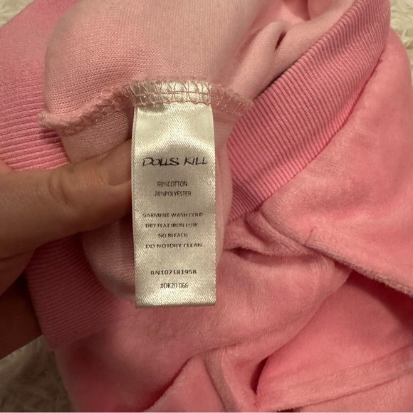 Dolls Kill Pink Velour Sweatpants with Silver Rhinestone Smiley Face - Picture 11 of 12